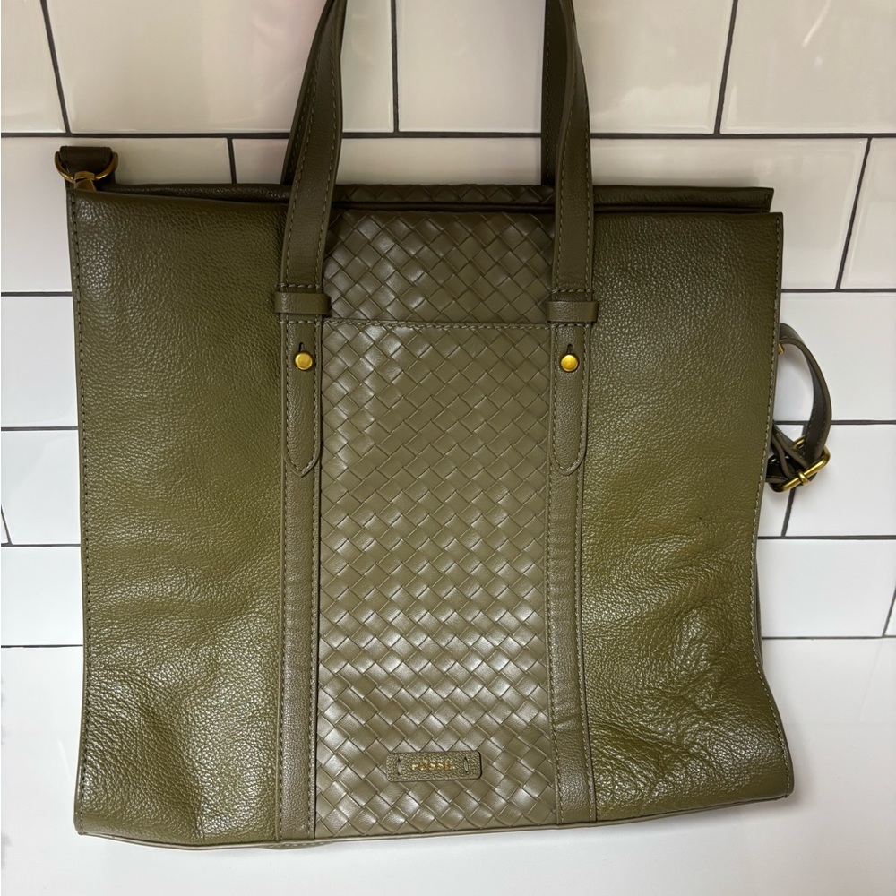 Fossil Olive Green Leather Tote Handbag, Crossbody Bag
